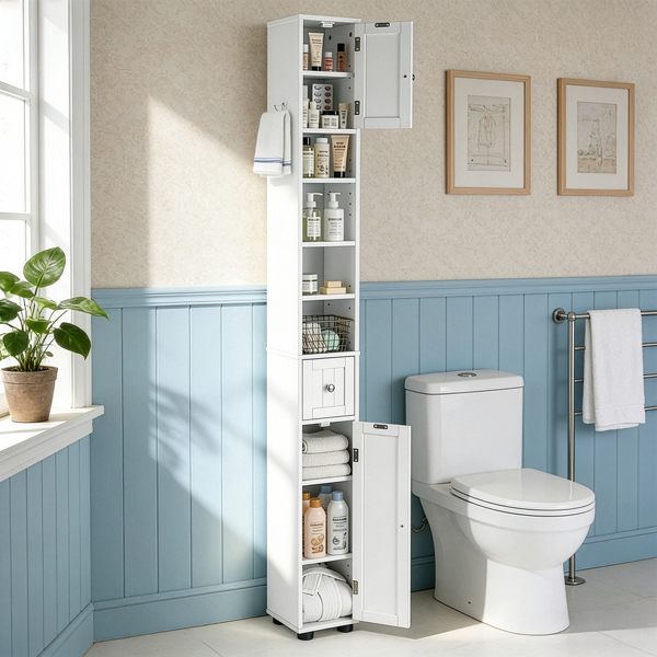 白色  密度板喷漆 竖纹 20*20*180cm 1抽2门4层 窄柜 浴室立柜-11