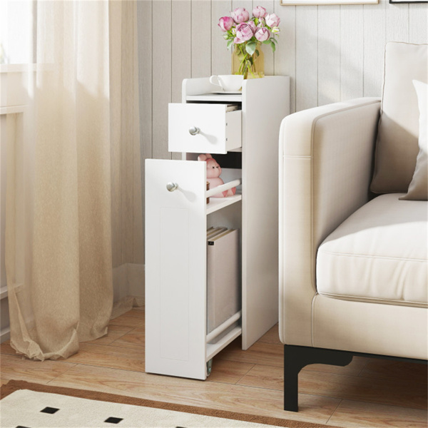 超薄浴室储物柜，带脚轮抽屉，凸起边缘顶部货架防坠落整理器-白色-7