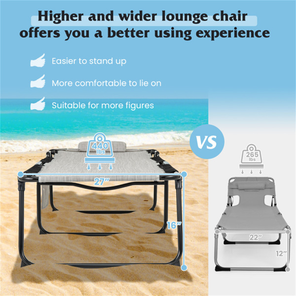 超大露台躺椅休息室，27英寸宽，4位可调节靠背，灰色折叠晒黑椅-7