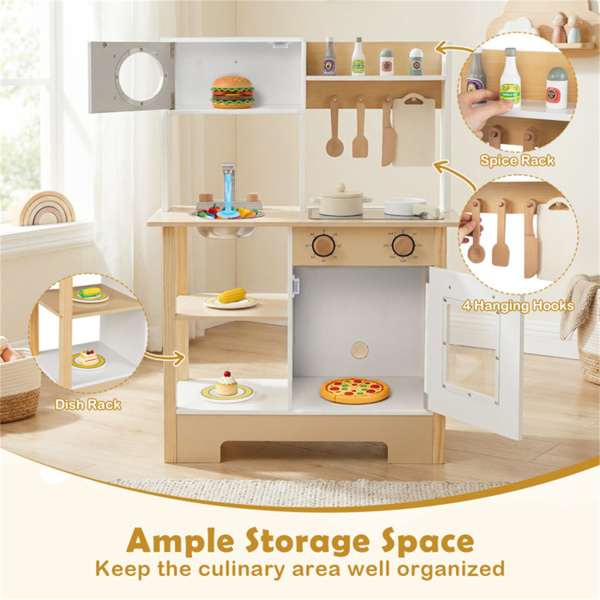 儿童木制游戏厨房，配有13个配件，3人以上带黑板的假装烹饪套装，白色+自然色-8