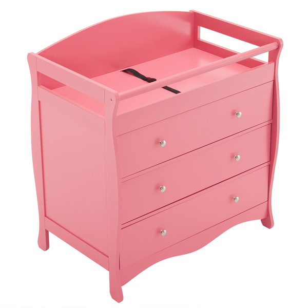 粉色 油漆面 密度板 三层抽屉  90.5*58*92cm 儿童木床 带安全带 换尿布台 婴儿-1