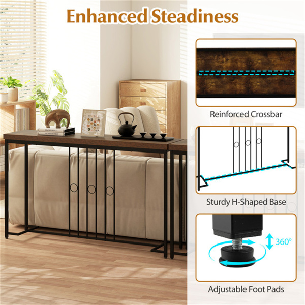 带乡村木台面的工业沙发桌，55英寸窄控制台桌，容量175磅-8