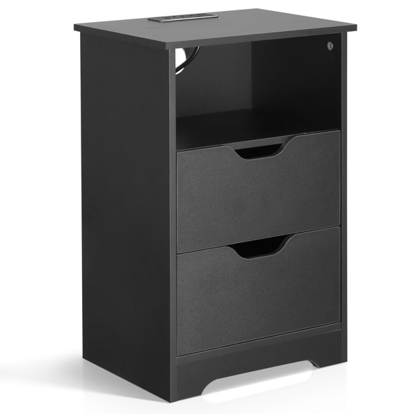 黑色 P2刨花板 贴麻面三胺 无拉手 40*30*60cm 两抽带上隔层 床头柜 带欧规电源 1PC-54