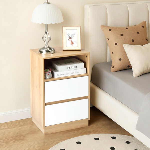 白色+橡木色 P2刨花板 贴麻面三胺 抽屉斜封边 40*30*60cm 两抽带上隔层 床头柜 1PC-7