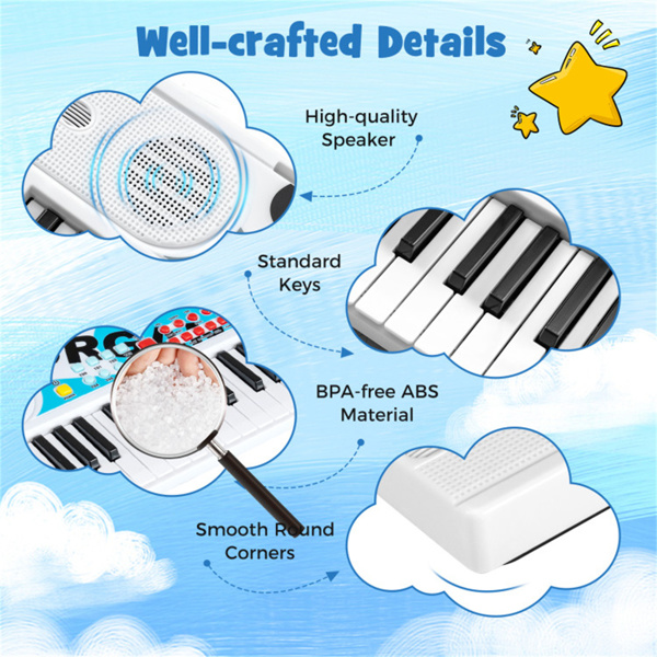 49键儿童电子键盘，带麦克风，8种音调和节奏，适合3岁儿童的教育音乐玩具-白色-13