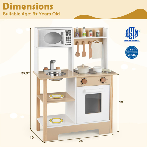 儿童木制游戏厨房，配有13个配件，3人以上带黑板的假装烹饪套装，白色+自然色-3