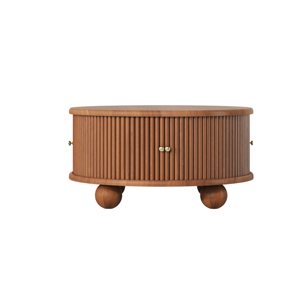 圆形凹槽咖啡桌，带储物功能，实心松木材质，滑动门设计，胡桃木色，直径31.8英寸。-1