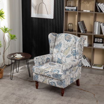 现代风格休闲椅，搭配复古木质椅腿，舒适软垫扶手椅，花卉图案单人沙发椅，适合客厅、卧室、办公室使用 - 花卉蓝色