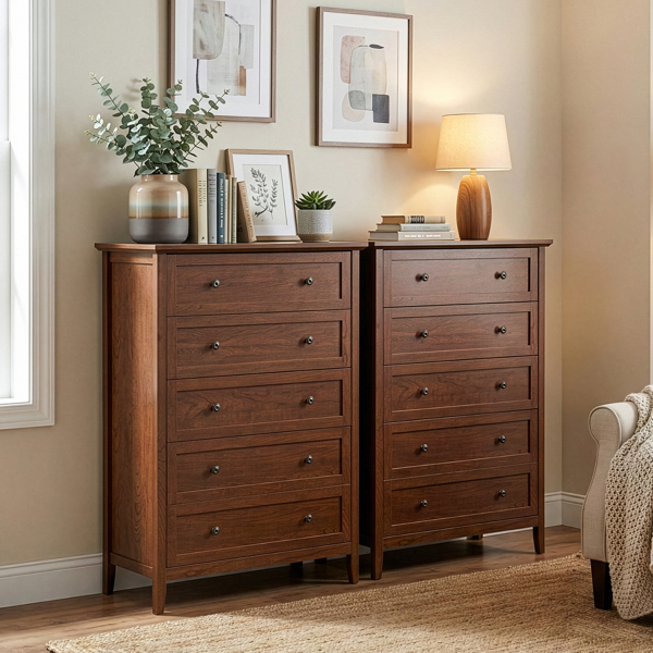 棕色（1061实木樱桃） P2 刨花板+密度板 三胺 80*40*115cm  拼框 双把手五抽 抽屉柜-10