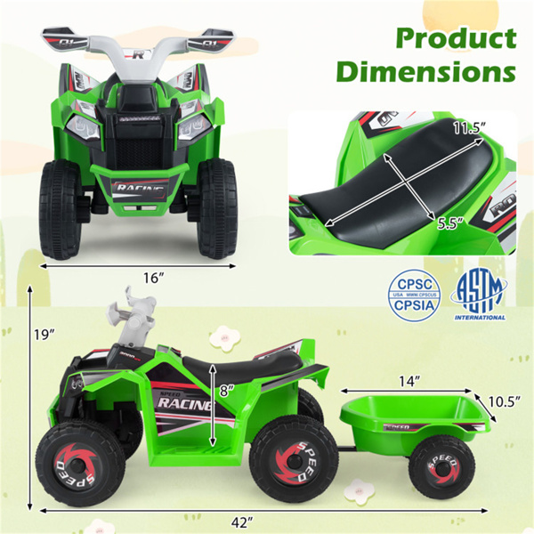 二合一儿童乘坐带可拆卸拖车的ATV，适用于3岁幼儿的6V电动四轮车+ 绿色-6