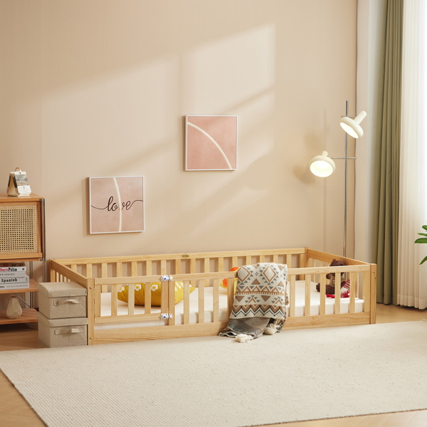 原木色 油漆面 松木 围栏床 带门 带铺板 Twin 儿童木床-14