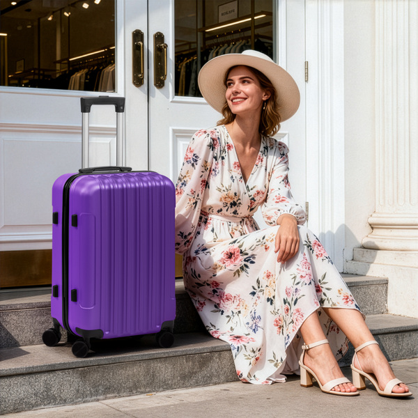 三合一竖纹磨砂箱壳非TSA海关锁28寸拆卸轮 ABS拉杆箱 20in 24in 28in ABS 全配色紫色-18