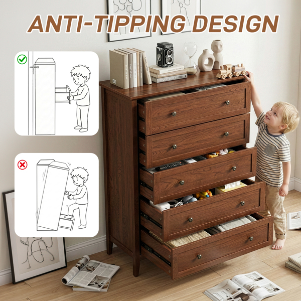 棕色（1061实木樱桃） P2 刨花板+密度板 三胺 80*40*115cm  拼框 双把手五抽 抽屉柜-5