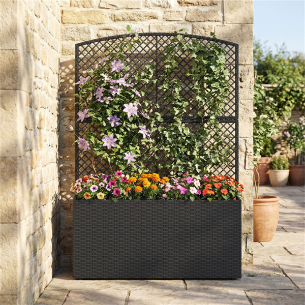 58英寸黑色PE藤条高架花园床，带格栅可调节脚垫，室外花盆箱-1