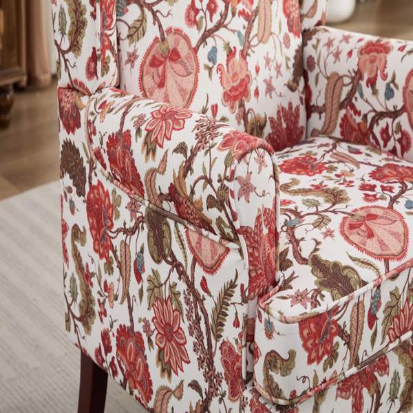 现代风格休闲椅，搭配复古木质椅腿，舒适软垫扶手椅，花卉图案单人沙发椅，适合客厅、卧室、办公室使用 - 花卉红色-27
