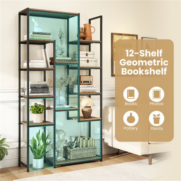 独立式几何胡桃木书架12交错书架金属框架，带防翻倒套件-8