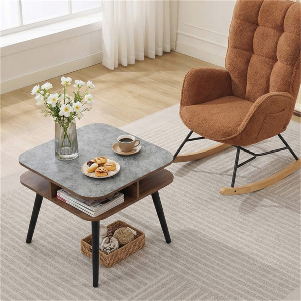 人造大理石边桌，带四面储物架，客厅卧室24英寸方头桌-3