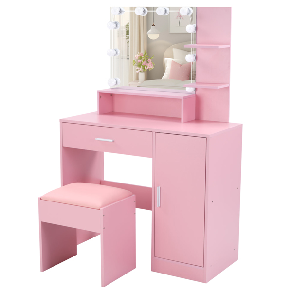 苹果粉 密度板 贴三胺 1抽1门 梳妆桌套装 三色调光灯泡-8