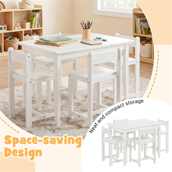 儿童木桌椅套装（1张桌子+4把椅子），橡胶木幼儿活动套装（白色）-6