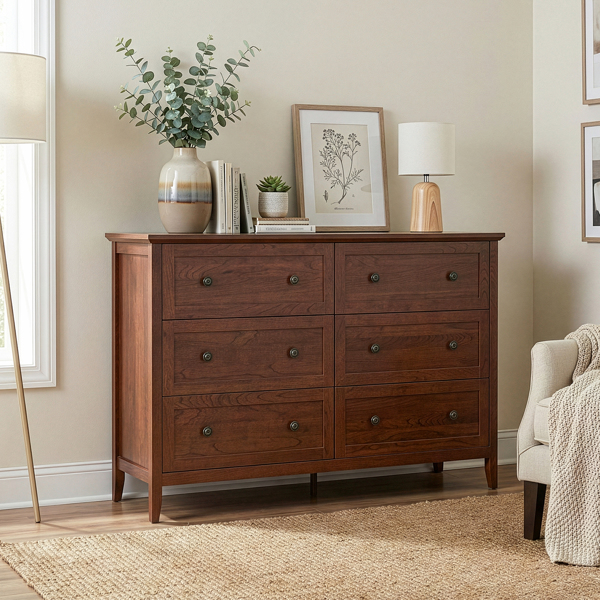 棕色（1061实木樱桃） P2 刨花板+密度板 三胺 120*40*80cm 拼框 双排双把手六抽 抽屉柜-7