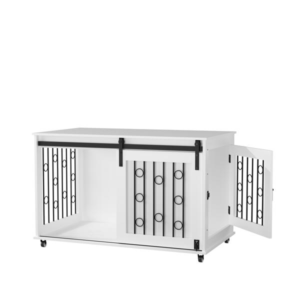 39.37英寸现代木制狗笼家具，带滑动谷仓门和侧门，室内狗窝边桌，适用于小型至中型犬，装饰性宠物笼，带金属栏杆和可锁定轮子 – 白色-8