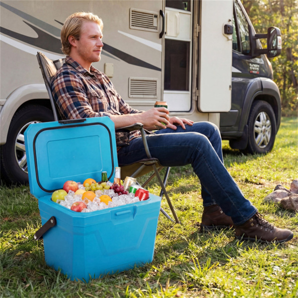 21Qt便携式冷藏箱，带3层隔热层，硬壳冰柜，带2个杯架，适用于户外露营钓鱼（蓝色）-3