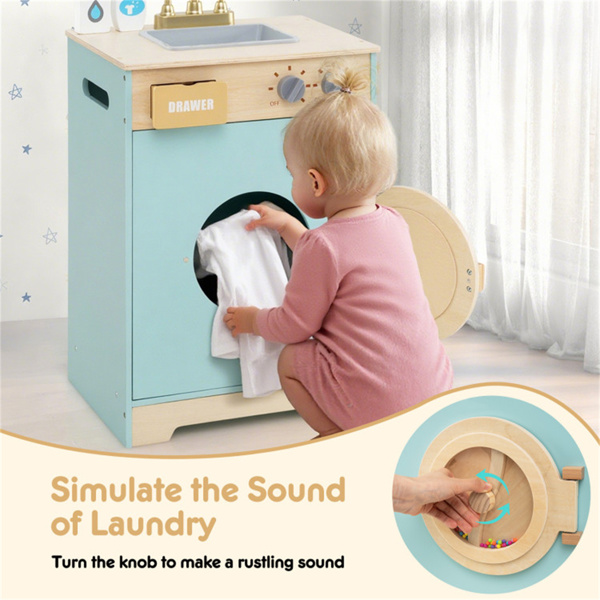 蓝色儿童木制玩具洗衣机游戏机，逼真的旋转轮和可拆卸水槽-9
