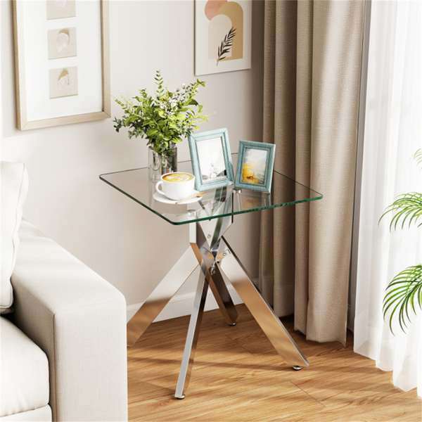 20英寸x20英寸x22.5英寸玻璃边桌、银色钢化玻璃边桌，带交叉金属底座-4