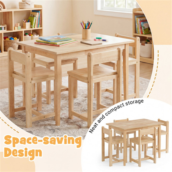 儿童木桌椅套装（1张桌子+4把椅子），橡胶木幼儿活动套装（天然色）-6