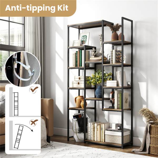 独立式几何胡桃木书架12交错书架金属框架，带防翻倒套件-9