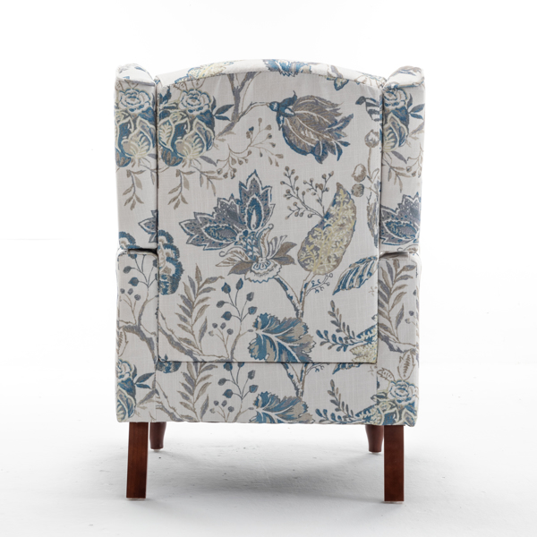 现代风格休闲椅，搭配复古木质椅腿，舒适软垫扶手椅，花卉图案单人沙发椅，适合客厅、卧室、办公室使用 - 花卉蓝色-22