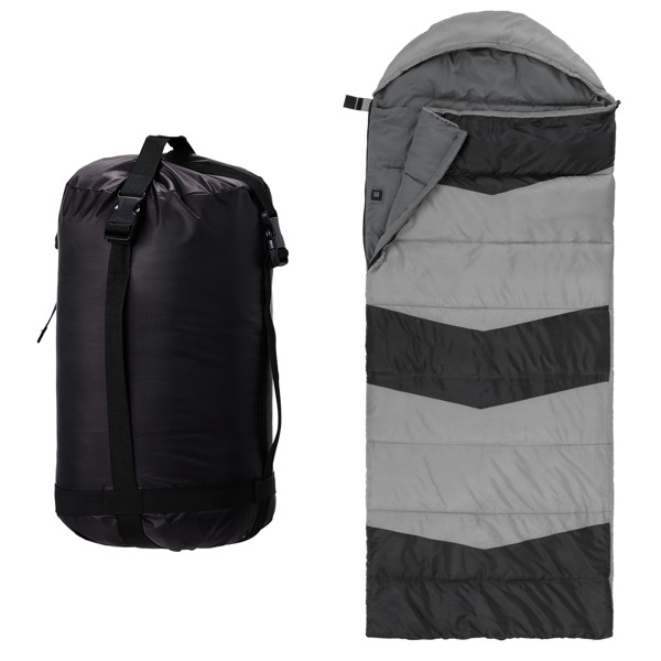灰底黑色箭头 睡袋 涤丝布防水面布 春亚纺透气灰里布 中空棉 210*85cm 戴帽加热款 1500g 三档调温 带收纳袋 温度范围-10-10℃-6