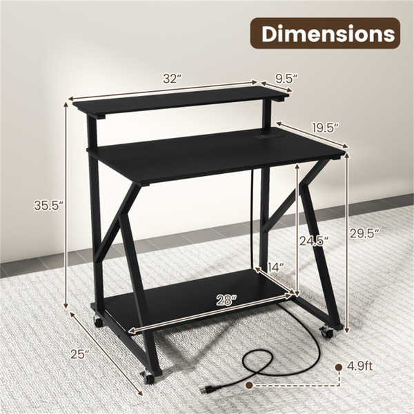 带电源板的黑色滚动电脑桌32英寸带显示器支架的移动办公桌-9