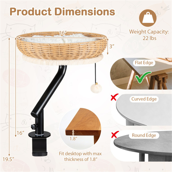 360°可旋转台式猫床垫，2合1工作空间猫静修，带叮当球（自然+黑+白）-6