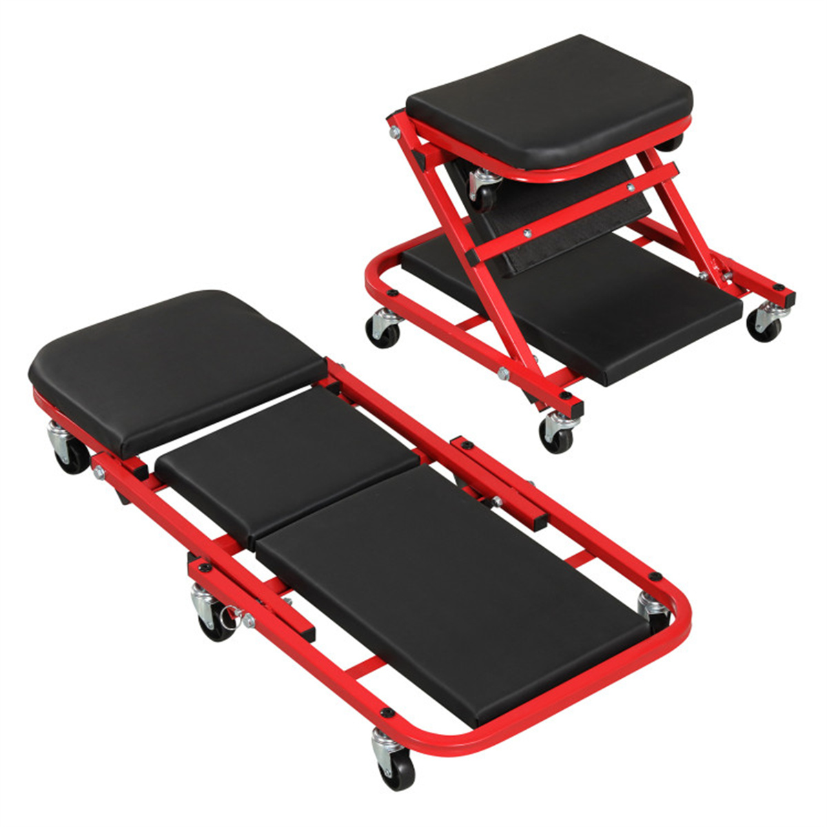 2-in-1 Folding Mechanic Creeper Stool, 6 Universal Casters Padded Seat for Garage Workshop
