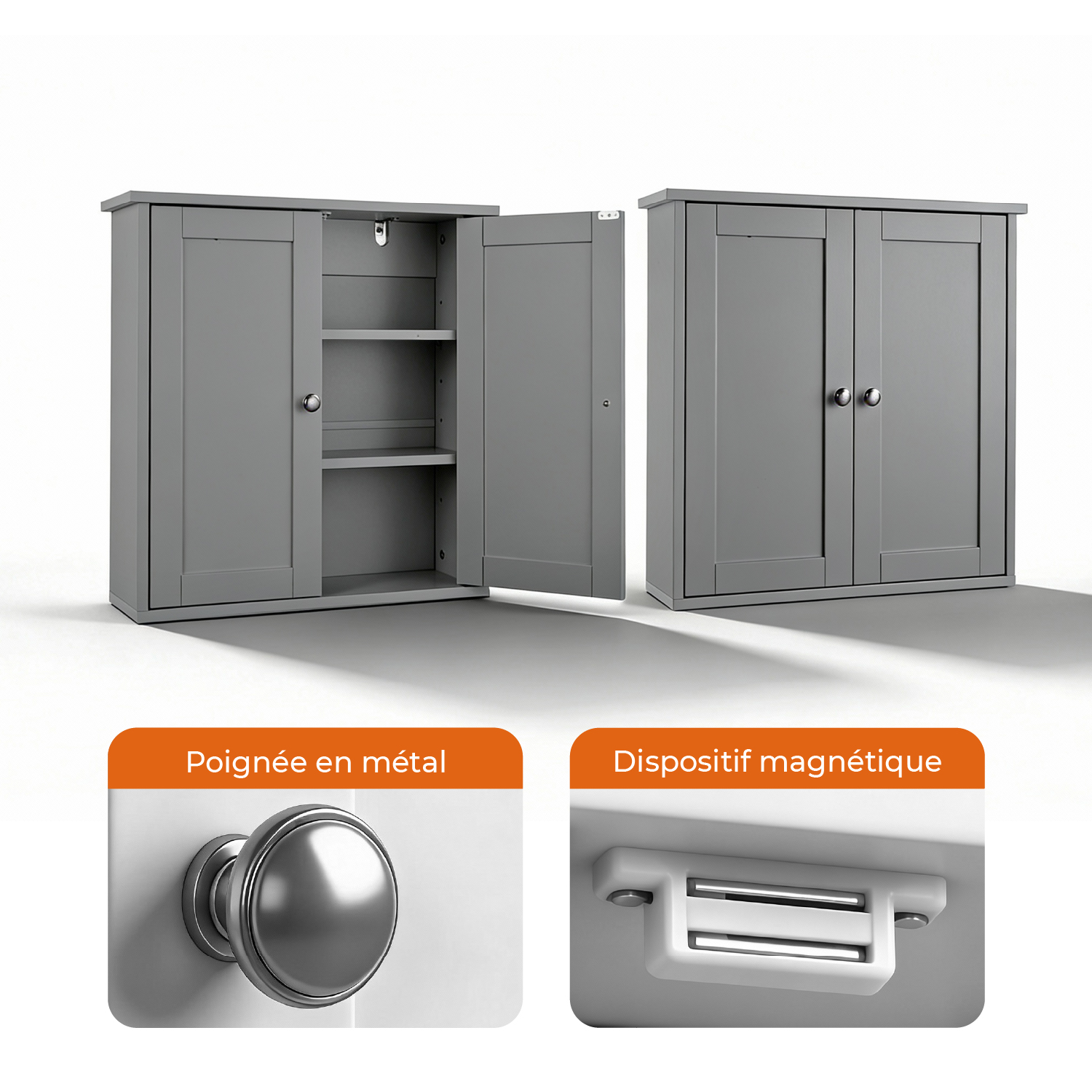 Grauer, lackierter Waschtisch aus E1-MDF, 60 x 18 x 60 cm, Doppeltüren, 2 Ablagen_voghion.com