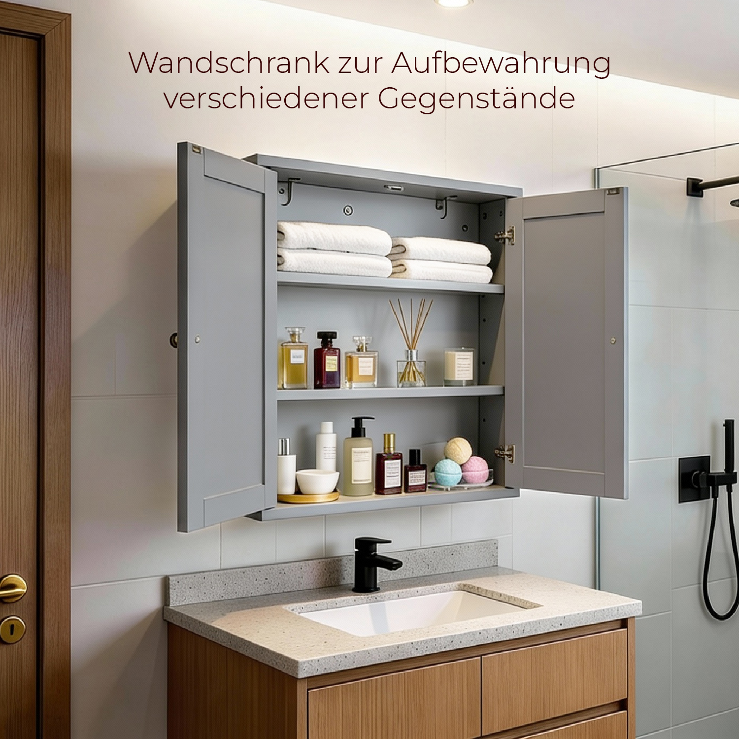 Grauer, lackierter Waschtisch aus E1-MDF, 60 x 18 x 60 cm, Doppeltüren, 2 Ablagen_voghion.com