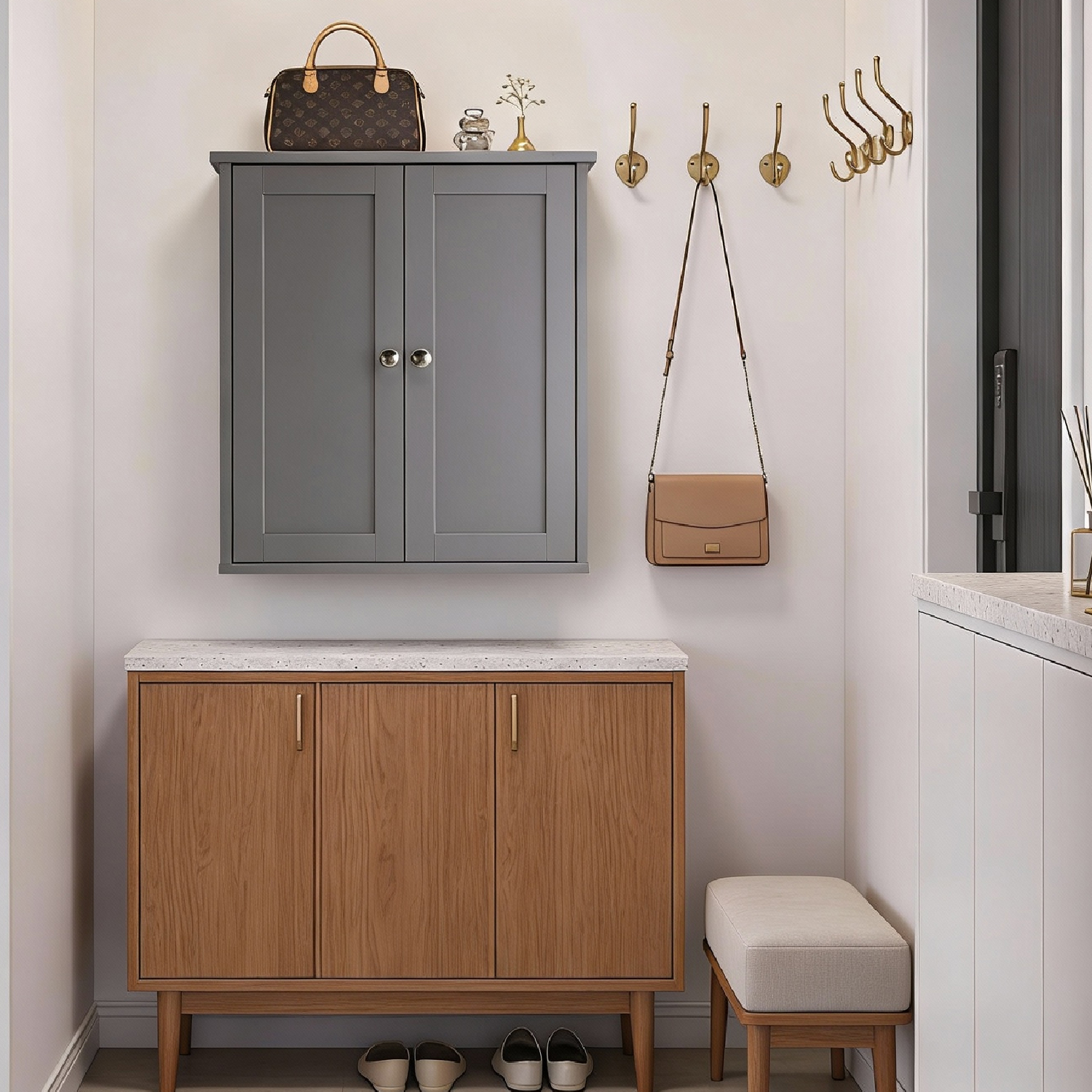 Grauer, lackierter Waschtisch aus E1-MDF, 60 x 18 x 60 cm, Doppeltüren, 2 Ablagen_voghion.com