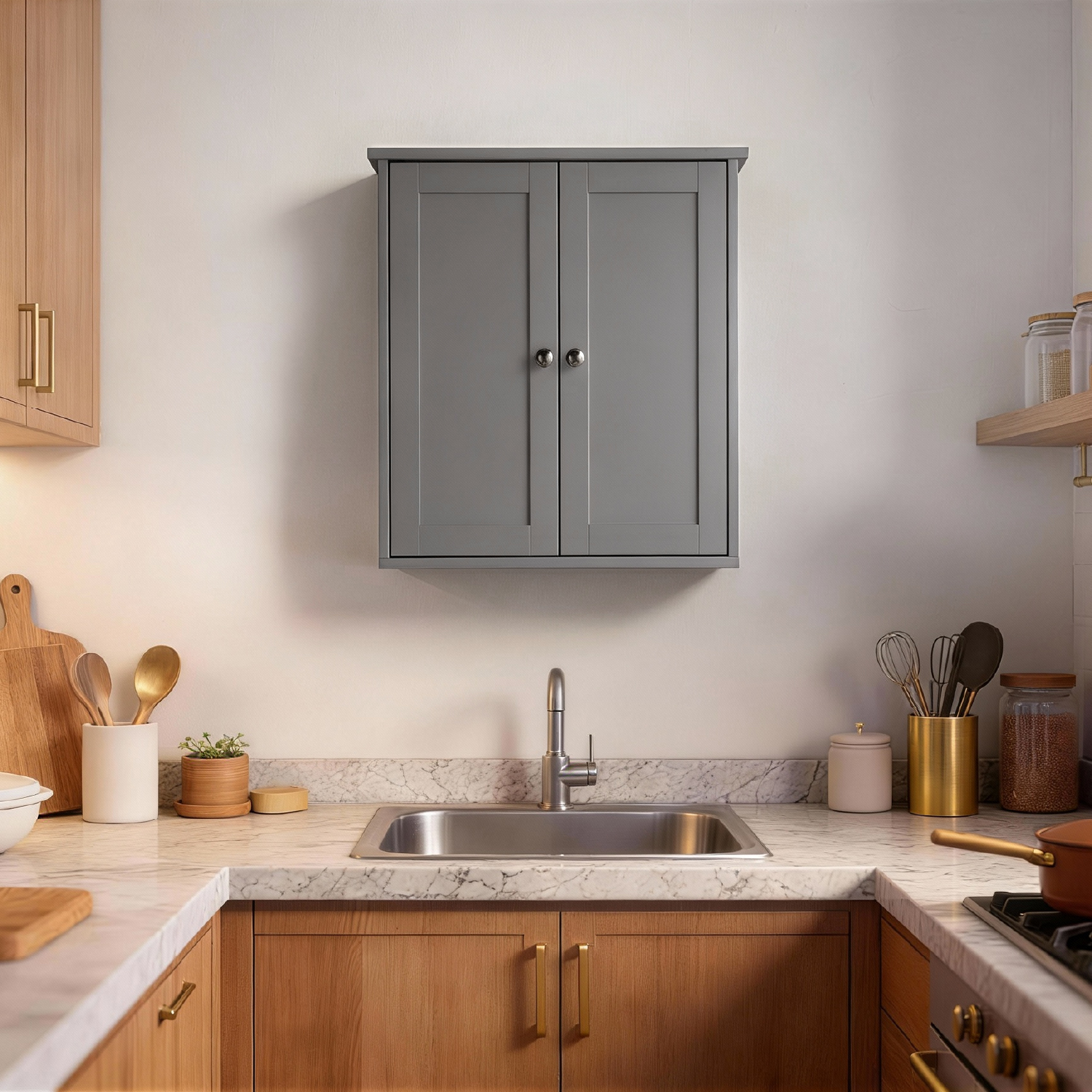 Grauer, lackierter Waschtisch aus E1-MDF, 60 x 18 x 60 cm, Doppeltüren, 2 Ablagen_voghion.com