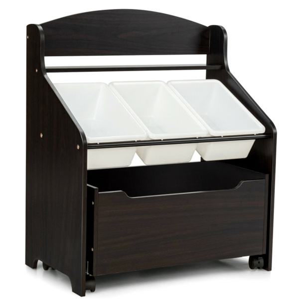 多功能儿童储物柜，带大容量玩具箱和展示架，安全的圆角儿童玩具书收纳柜 棕色-2