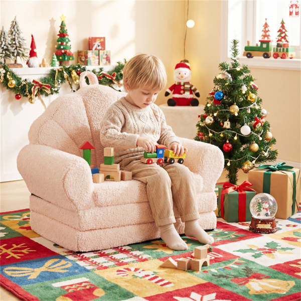 2合1翻盖式儿童沙发躺椅，带提手的泰迪羊毛婴儿沙发，适合3岁以上儿童（米色）-11