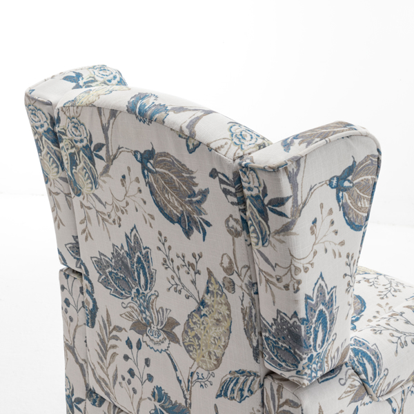 现代风格休闲椅，搭配复古木质椅腿，舒适软垫扶手椅，花卉图案单人沙发椅，适合客厅、卧室、办公室使用 - 花卉蓝色-23