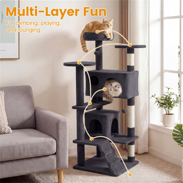 52英寸高的猫树塔，带门廊和公寓，多猫游乐场，带划痕柱（深灰色）-6