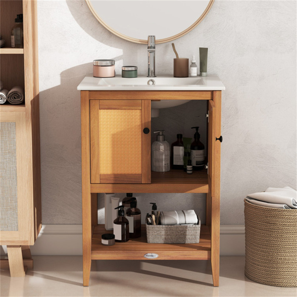 双门藤条浴室梳妆台，相思木橱柜，带陶瓷水槽（白色+天然）-6
