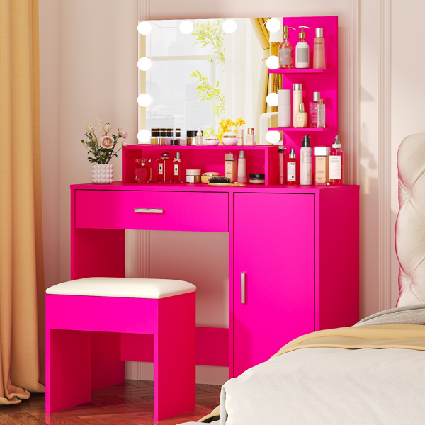 芭比粉 密度板 贴三胺 1抽1门 梳妆桌套装 三色调光灯泡-6