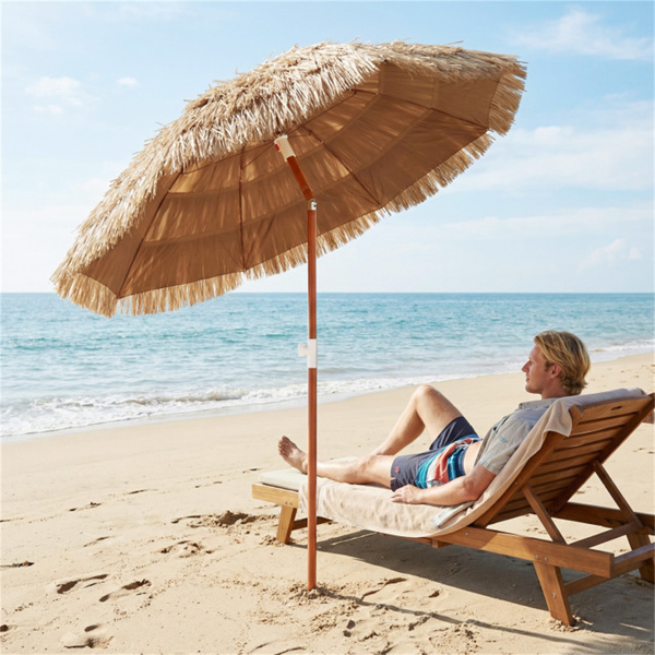 6英尺茅草提基露台伞（2件套），带按钮倾斜的热带户外伞（自然）-2