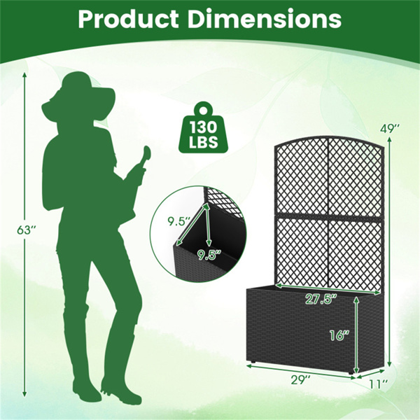 49英寸黑色PE藤条高架花园床，带格栅可调节脚垫，室外花盆箱-4