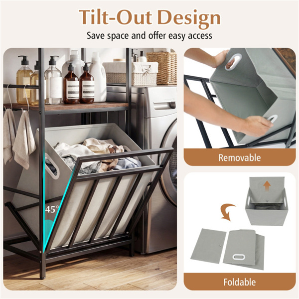 黑色+乡村棕色倾斜式洗衣篮，金属+工程木，带架子和4个S形挂钩​-5