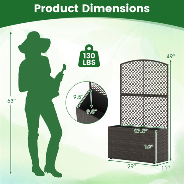 49英寸棕色PE藤条高架花园床，带格栅可调节脚垫，室外花盆箱-4