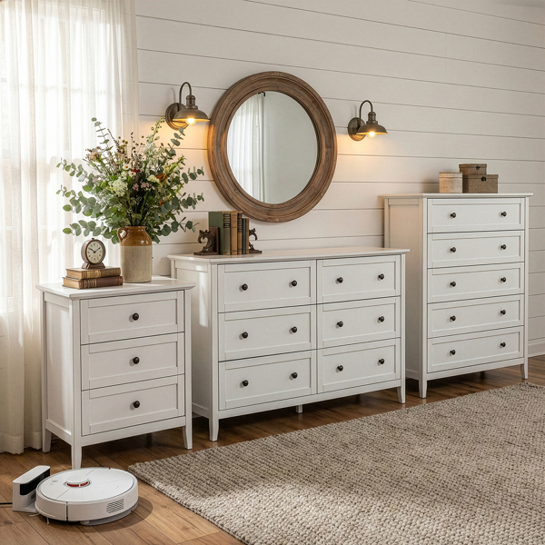 白色浮雕（SG014FD ） P2 密度板+刨花板 贴三胺 拼框 60*40*70cm 三抽 床头柜 1USB+1TYPE-C+2三插 美规-7